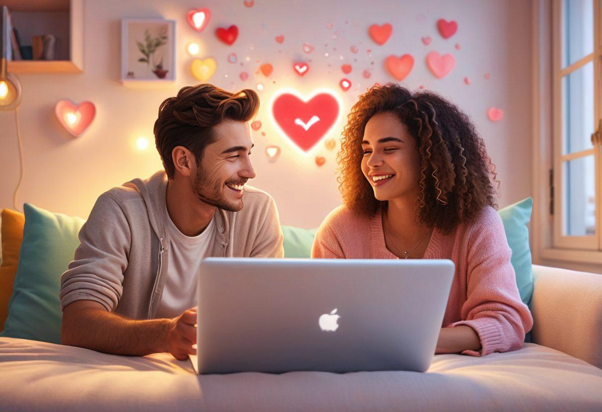 A warm, inviting scene of two people connected through a glowing laptop screen, sharing smiles and laughter, surrounded by heart-shaped icons and gentle light. A cozy, intimate atmosphere is created with soft colors and comfortable surroundings, symbolizing the digital bridge between them. Include elements representing online friendships like chat bubbles and love emojis. soft focus. dreamy. pastel colors. digital painting.