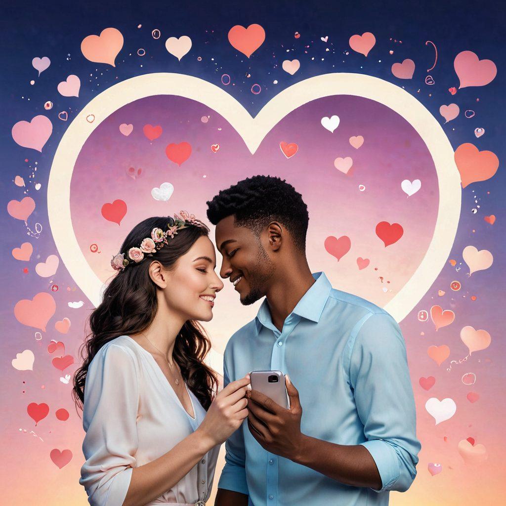 A warm and intimate scene of two people sharing a heartfelt embrace, surrounded by digital elements like heart emojis and chat bubbles, symbolizing online connection. The background features soft pastel colors with hints of technology like smartphones and laptops. Include subtle symbols of love like roses and wedding rings. super-realistic. vibrant colors.