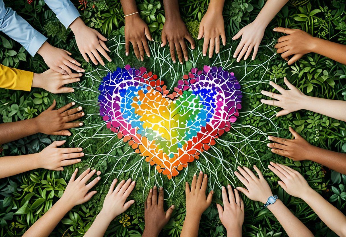A heart-shaped network of colorful social media icons intertwined with hands, symbolizing love and friendship in a digital age. Include soft glowing connections representing strong bonds and diverse people interacting joyfully around the network. Add a backdrop of a serene landscape to contrast with the tech elements. vibrant colors. 3D. super-realistic.